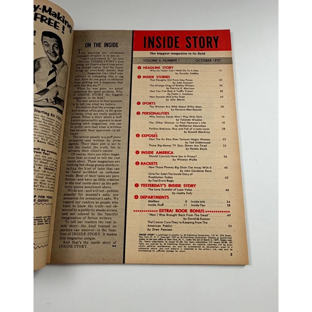 Vintage Inside Story Magazine Oct 1957 Elizabeth Taylor Paul Newman Willie Mays